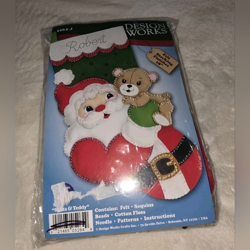 Design Works #5264 Felt Stocking Applique Kit - Santa & Teddy Bear - 18"